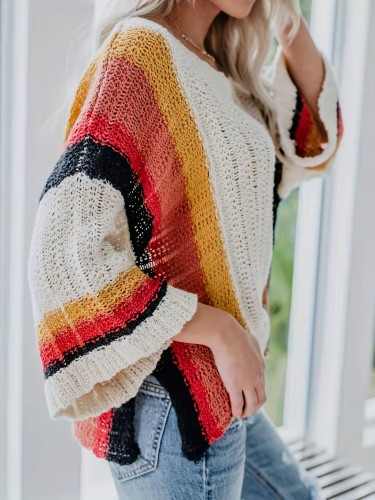 Women's Fall Winter Color Block Off-Shoulder Batwing Sleeve Hollow Knit Sweater, Fashion Casual Pullover