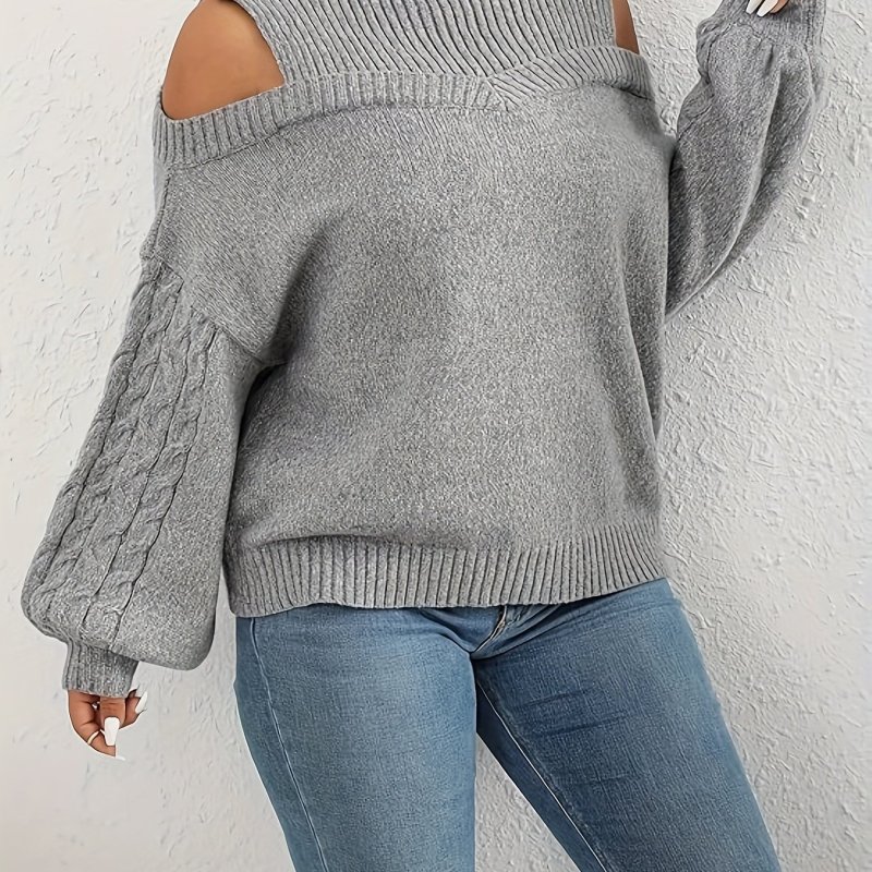 Cold Shoulder Lantern Sleeve Sweater, Stylish Turtle Neck Cable Knit Sweater For Winter & Fall, Women's Clothing