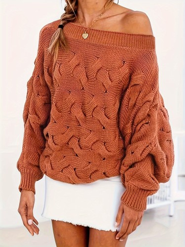 Solid Off Shoulder Pullover Sweater, Casual Lantern Sleeve Sweater For Fall & Winter, Women's Clothing