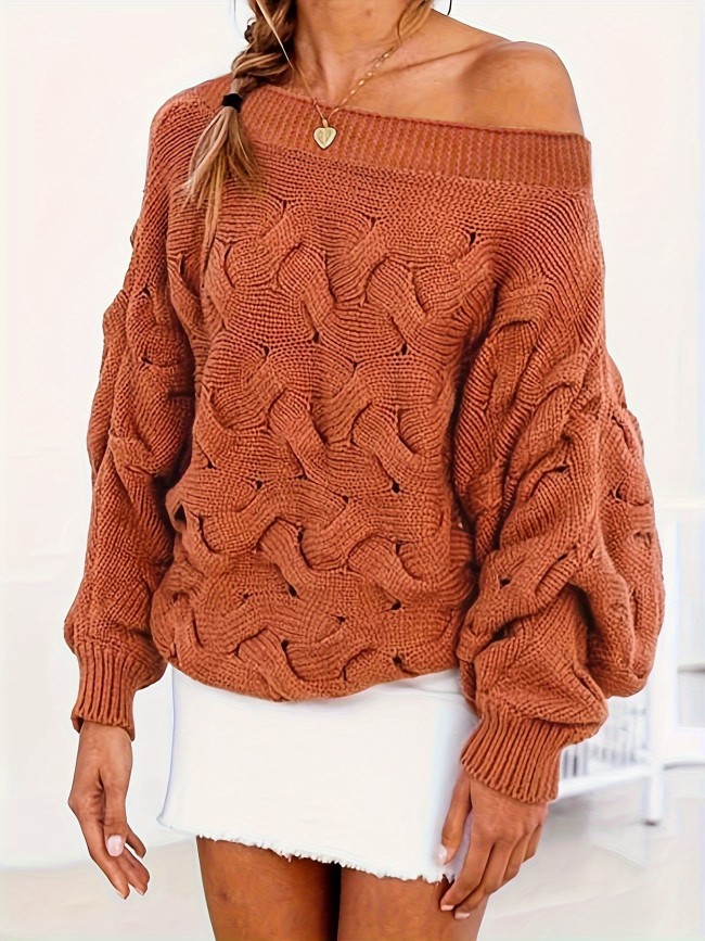 Solid Off Shoulder Pullover Sweater, Casual Lantern Sleeve Sweater For Fall & Winter, Women's Clothing