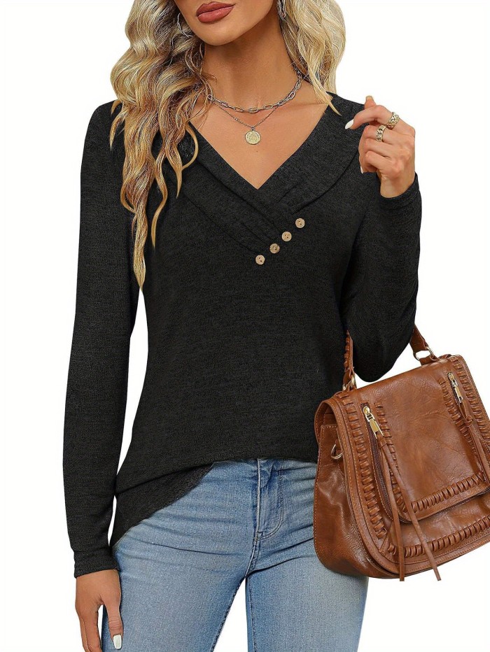 Tooluck Women's Tops Fall Women's Casual Solid Color Cross V-Neck Button Long Sleeve Classic Pink Top