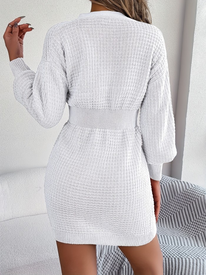 Cable Knit Sweater Dress, Casual V Neck Long Sleeve Dress, Women's Clothing
