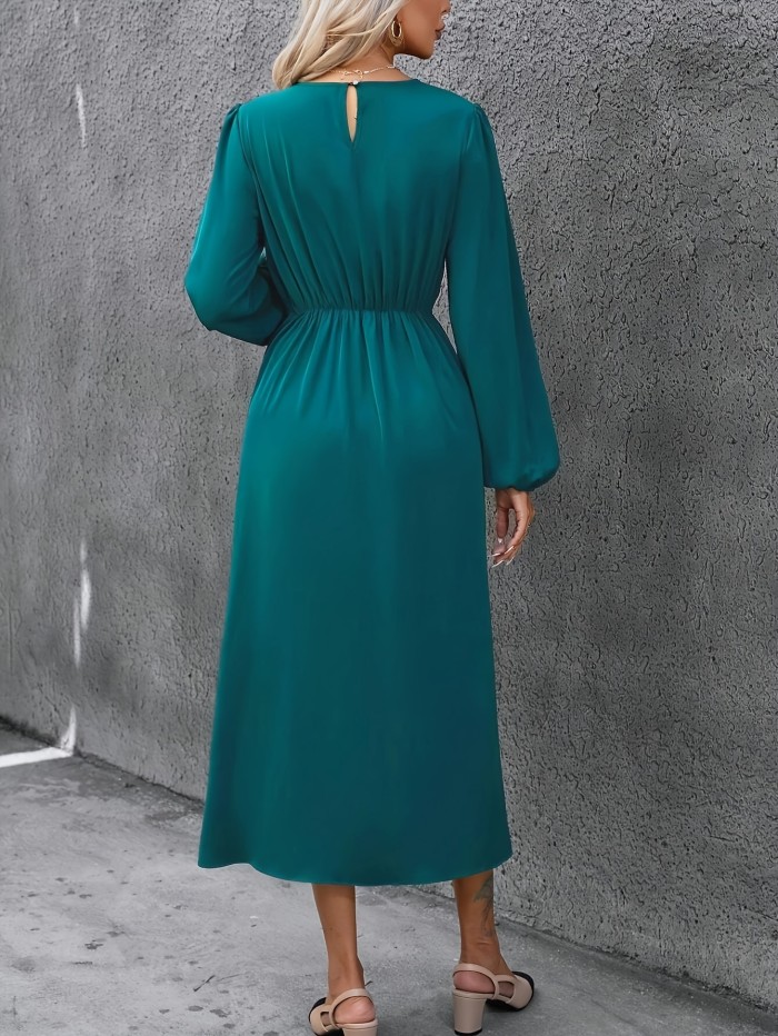 Ruched Asymmetrical Hem Crew Neck Dress, Elegant Cinched Waist Long Sleeve Dress For Spring & Fall, Women's Clothing