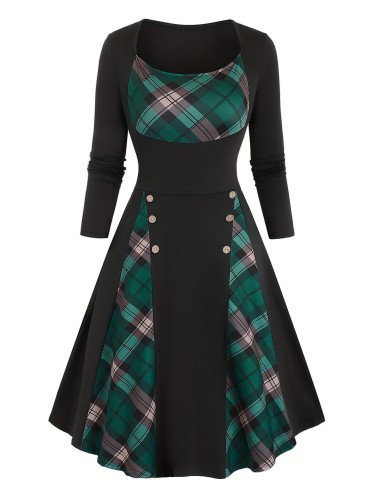 Vintage Gingham Pendulum Dress - Soft High Elasticity Polyester Fabric, Square Neck, Fake Buttons, Random Printing - Hand Wash or Dry Clean, Perfect for Spring\u002FFall, Womens Casual Long Sleeve Crew Neck Dress