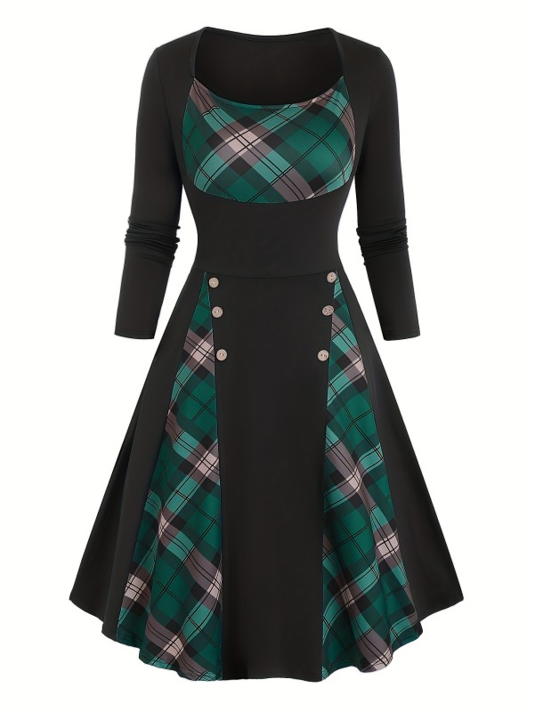 Vintage Gingham Pendulum Dress - Soft High Elasticity Polyester Fabric, Square Neck, Fake Buttons, Random Printing - Hand Wash or Dry Clean, Perfect for Spring\u002FFall, Womens Casual Long Sleeve Crew Neck Dress