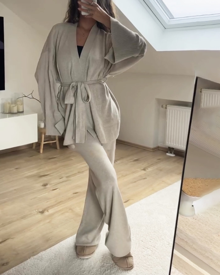 Casual V-Neck Cardigan & Pants Two-Piece Set