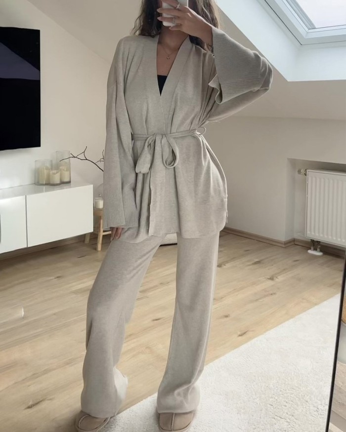 Casual V-Neck Cardigan & Pants Two-Piece Set