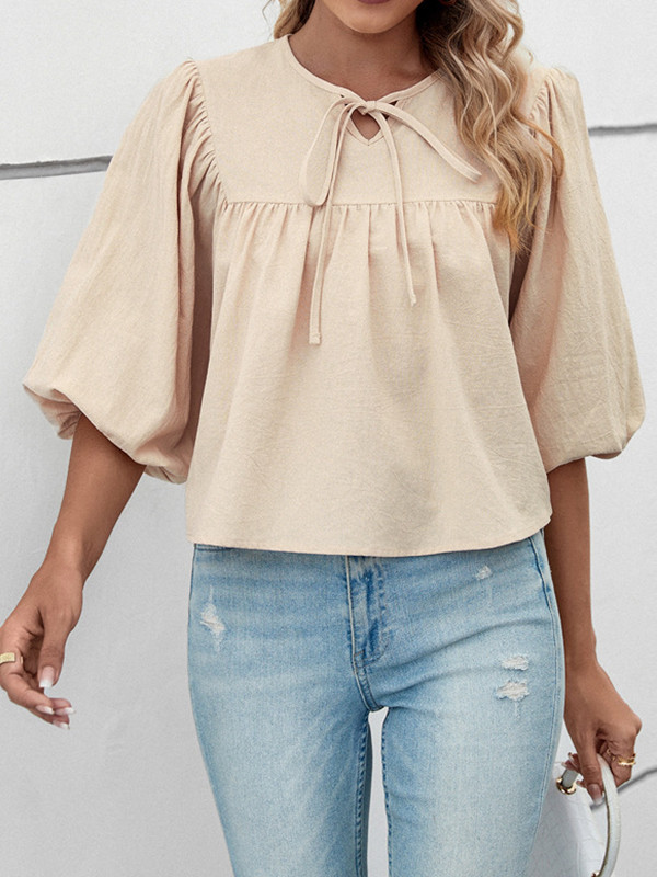 Half Sleeves Loose Elasticity Pleated Solid Color Split-Joint Tied Round-Neck T-Shirts Tops