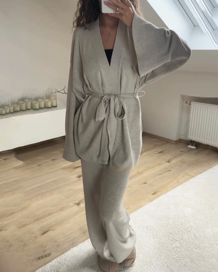 Casual V-Neck Cardigan & Pants Two-Piece Set