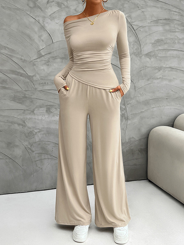 Solid Color Split-Joint Long Sleeves Skinny Pleated Boat Neck Asymmetric T-Shirt Top + Pockets Pants Bottom Two Pieces Set