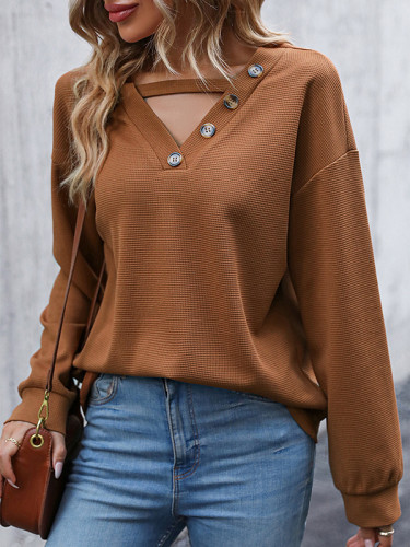 Long Sleeves Loose Buttoned Hollow Split-Joint V-Neck Sweater Tops