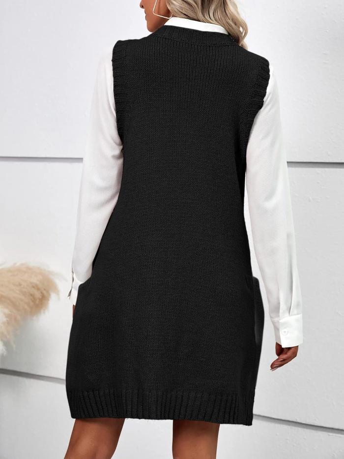 2024 Women's Oversized Sleeveless V-Neck Ribbed Knit Sweater Vest with Pockets