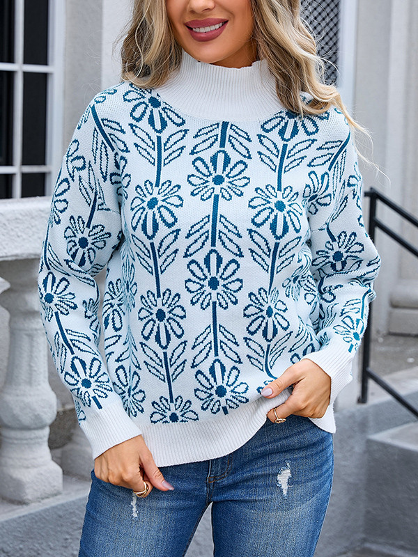 Long Sleeves Loose Contrast Color Jacquard Knitted Flower Split-Joint Mock Neck Pullovers Sweater Tops