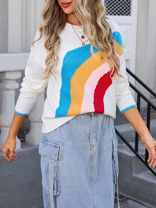 Long Sleeves Loose Contrast Color Split-Joint Round-Neck Pullovers Sweater Tops