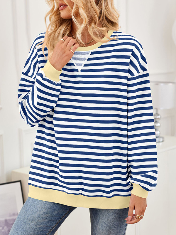 Long Sleeves Loose Contrast Color Split-Joint Striped Round-Neck Sweatshirt Tops