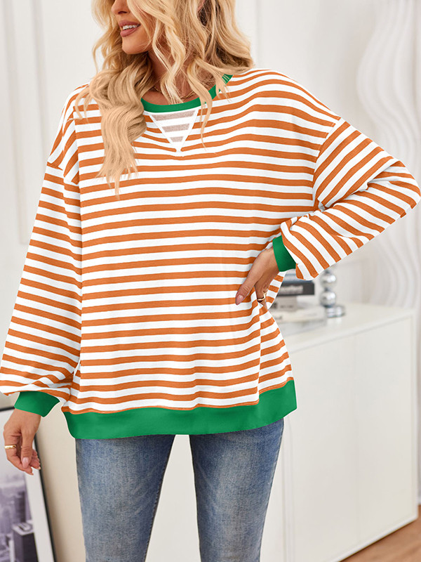 Long Sleeves Loose Contrast Color Split-Joint Striped Round-Neck Sweatshirt Tops