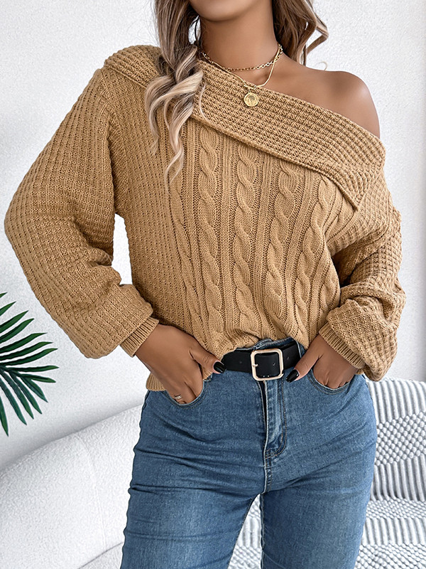 Long Sleeves Loose Asymmetric Solid Color Split-Joint One-Shoulder Pullovers Sweater Tops