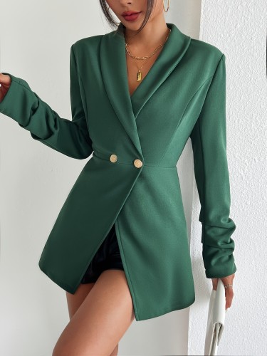 Solid Color Double Button Blazer, Stylish Shawl Collar Long Sleeve Blazer For Spring & Fall, Women's Clothing