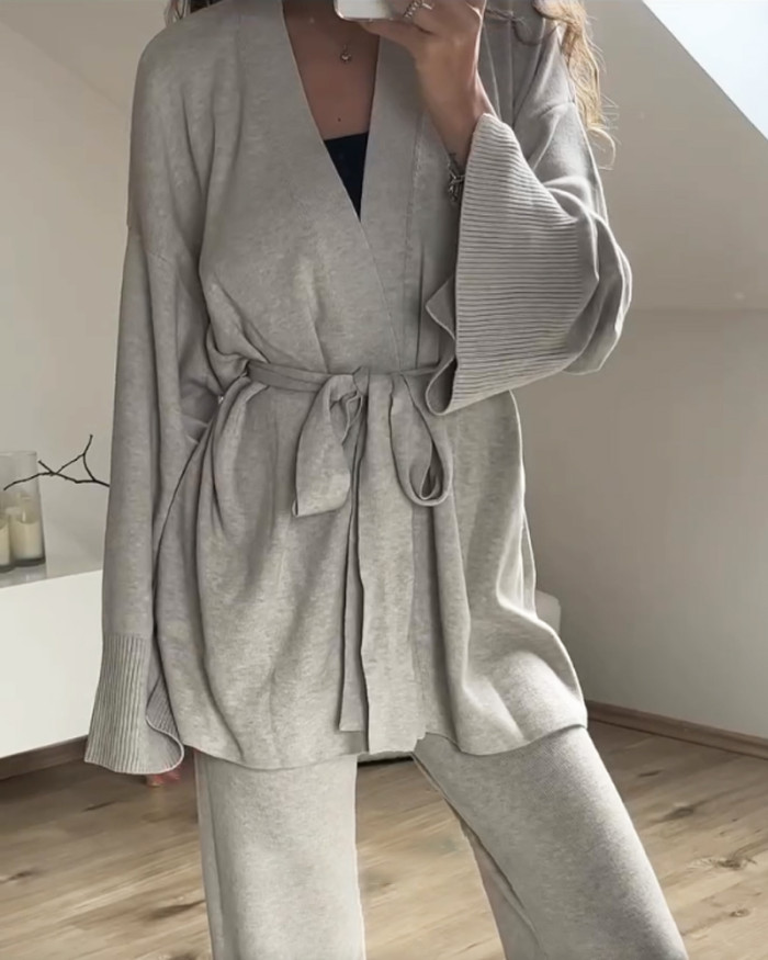Casual V-Neck Cardigan & Pants Two-Piece Set