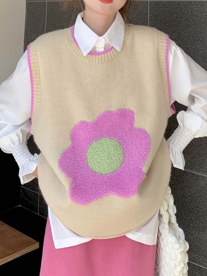 Floral Pattern Crew Neck Knitted Vest, Casual Sleeveless Loose Sweater Vest, Women's Clothing