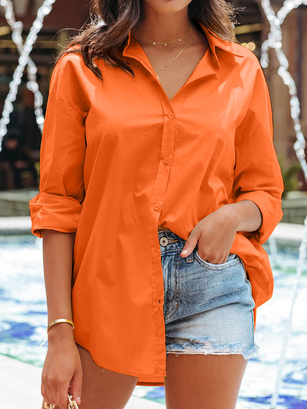 Long Sleeves Loose Buttoned Solid Color Split-Joint Lapel Blouses&Shirts Tops
