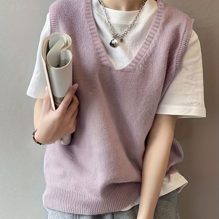 Solid V Neck Sweater Vest, Elegant Sleeveless Vest For Spring & Fall, Women's Clothing