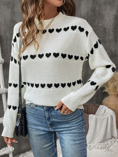 Long Sleeves Loose Heart Print Split-Joint Round-Neck Pullovers Sweater Tops
