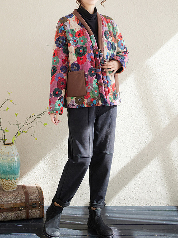 Long Sleeves Loose Buttoned Flower Print Pockets Split-Joint Velvet V-Neck Outerwear Padded Coat