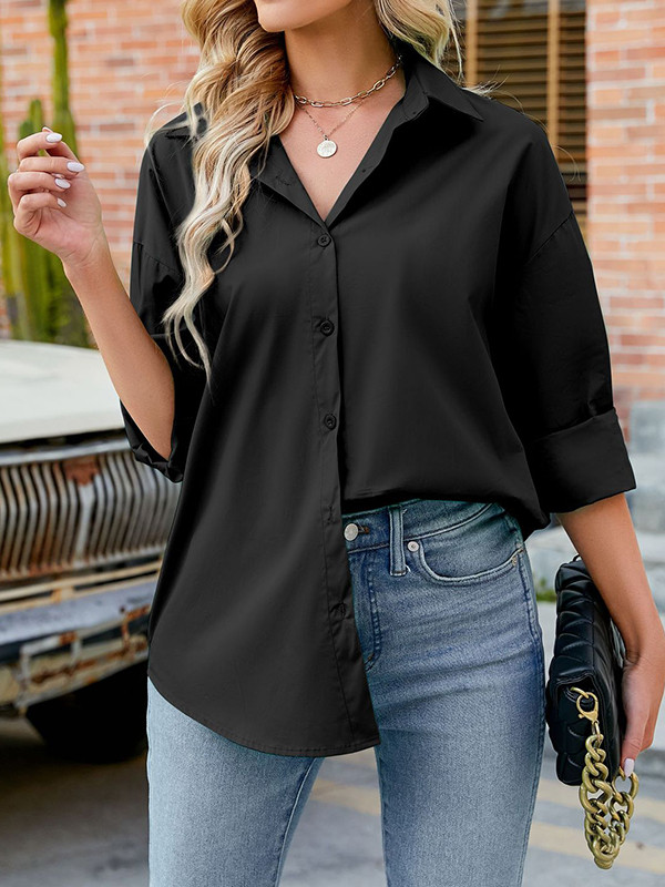 Long Sleeves Loose Buttoned Solid Color Split-Joint Lapel Blouses&Shirts Tops