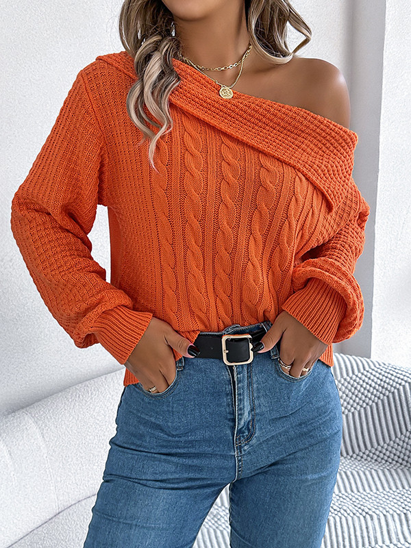 Long Sleeves Loose Asymmetric Solid Color Split-Joint One-Shoulder Pullovers Sweater Tops