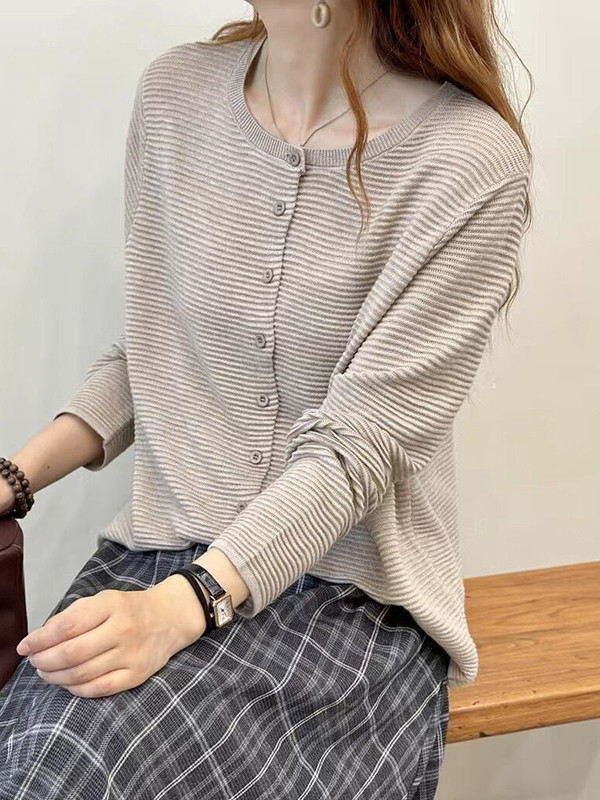 Long Sleeves Buttoned Solid Color Split-Joint Round-Neck Cardigan Tops