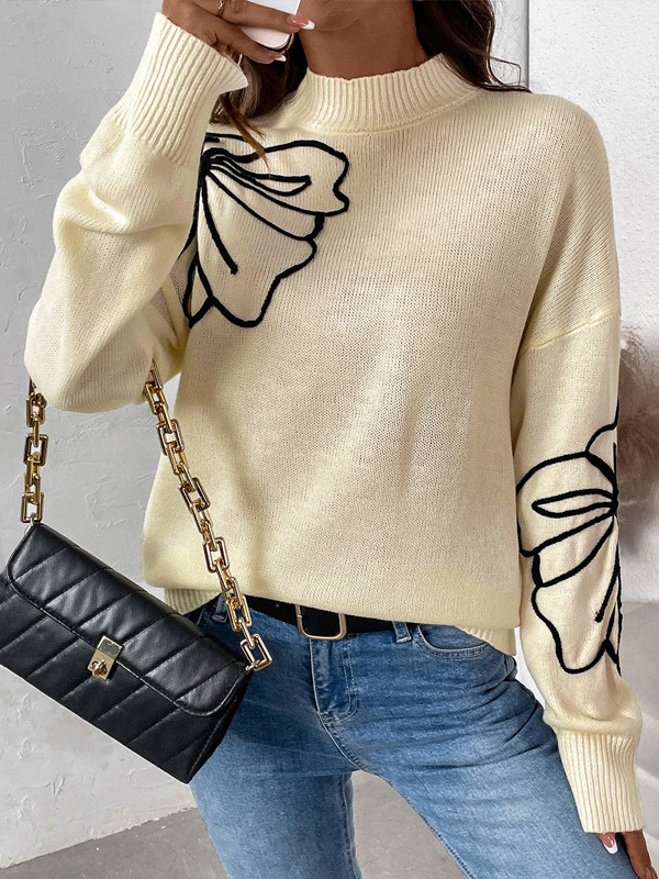 Long Sleeves Loose Flower Shape Split-Joint High Neck Sweater Tops