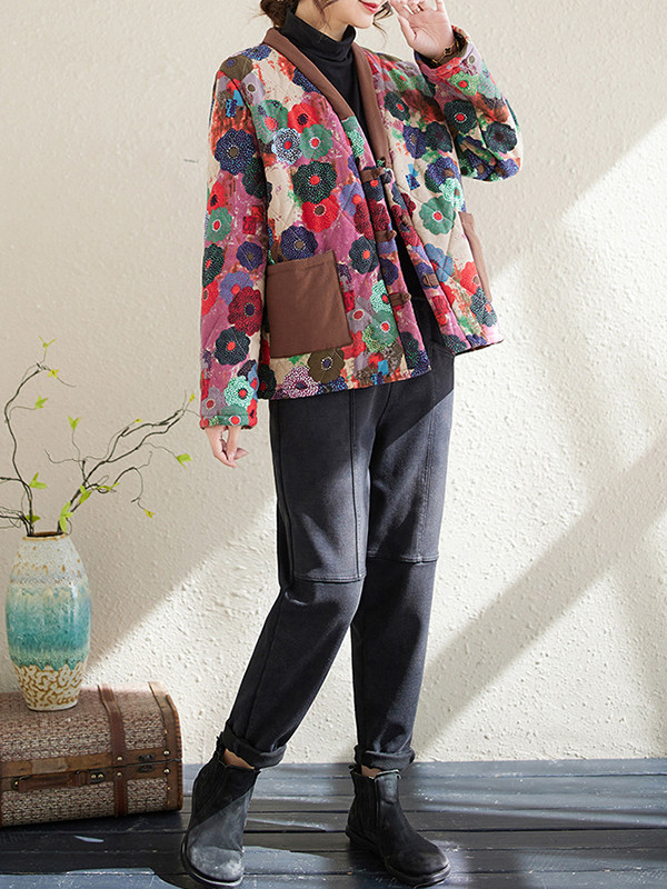Long Sleeves Loose Buttoned Flower Print Pockets Split-Joint Velvet V-Neck Outerwear Padded Coat