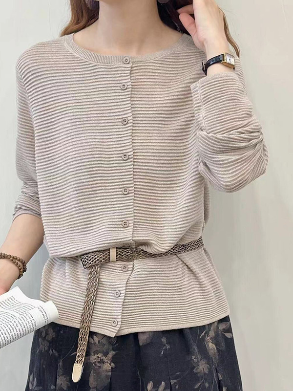 Long Sleeves Buttoned Solid Color Split-Joint Round-Neck Cardigan Tops