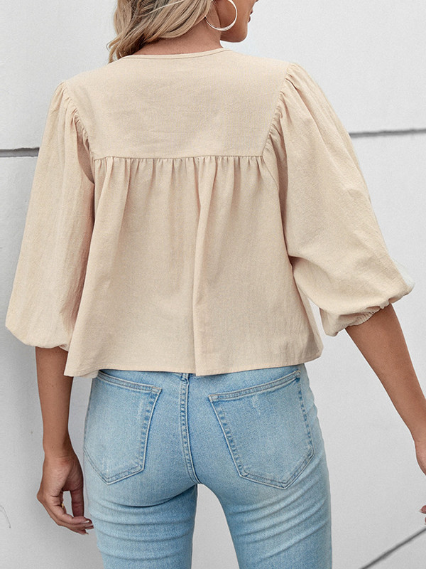 Half Sleeves Loose Elasticity Pleated Solid Color Split-Joint Tied Round-Neck T-Shirts Tops