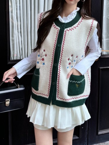 Floral Embroidery Button Front Vest, Casual Dual Pockets Crew Neck Color Block Sweater Vest, Women's Clothing