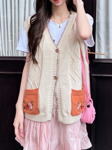 Embroidered Color Block Ribbed Vest, Casual V Neck Button Front Dual Pockets Sweater Vest, Women's Clothing