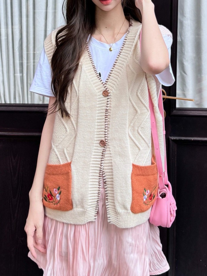 Embroidered Color Block Ribbed Vest, Casual V Neck Button Front Dual Pockets Sweater Vest, Women's Clothing