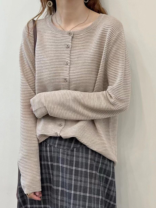 Long Sleeves Buttoned Solid Color Split-Joint Round-Neck Cardigan Tops