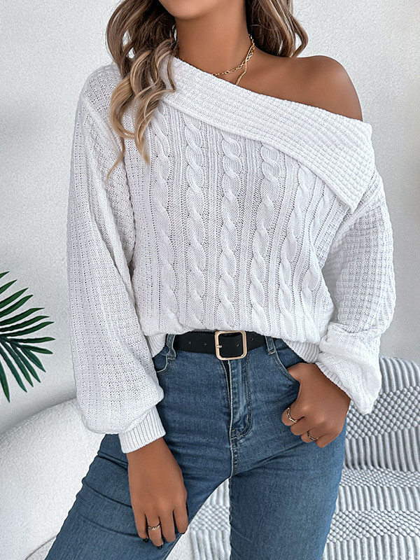 Long Sleeves Loose Asymmetric Solid Color Split-Joint One-Shoulder Pullovers Sweater Tops
