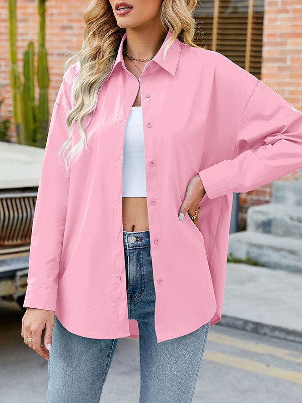 Long Sleeves Loose Buttoned Solid Color Split-Joint Lapel Blouses&Shirts Tops