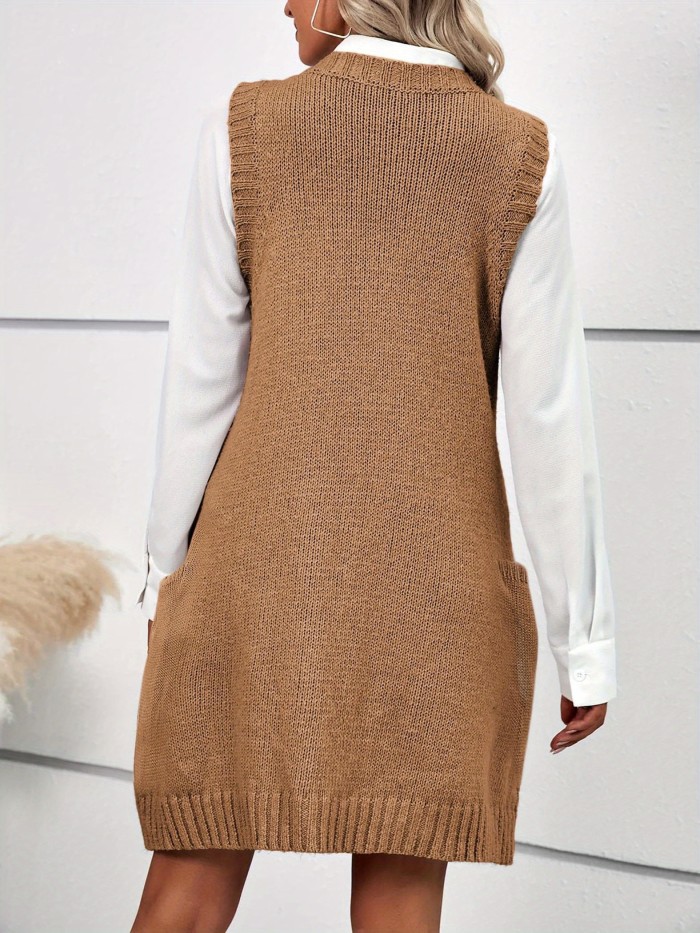 2024 Women's Oversized Sleeveless V-Neck Ribbed Knit Sweater Vest with Pockets
