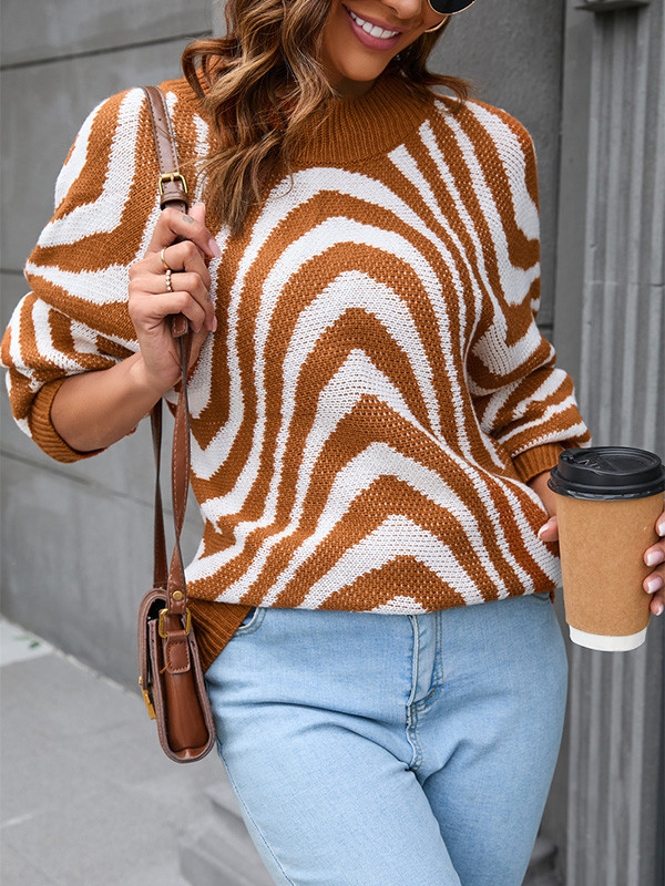 Long Sleeves Loose Split-Joint Striped Round-Neck Pullovers Sweater Tops
