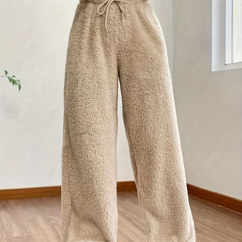 Cozy High-Waisted Solid Color Fuzzy Straight Leg Pants - Soft Micro Elastic Polyester Fabric, Wide Leg Drawstring Design, Hand Wash Only, Casual Fall\u002FWinter Wear for Women - Elegant and Comfortable