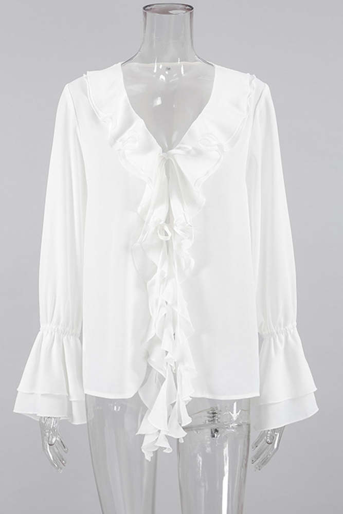 Elegant Solid Color Ruffle V Neck Blouses
