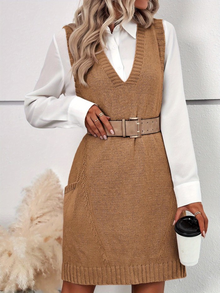 2024 Women's Oversized Sleeveless V-Neck Ribbed Knit Sweater Vest with Pockets