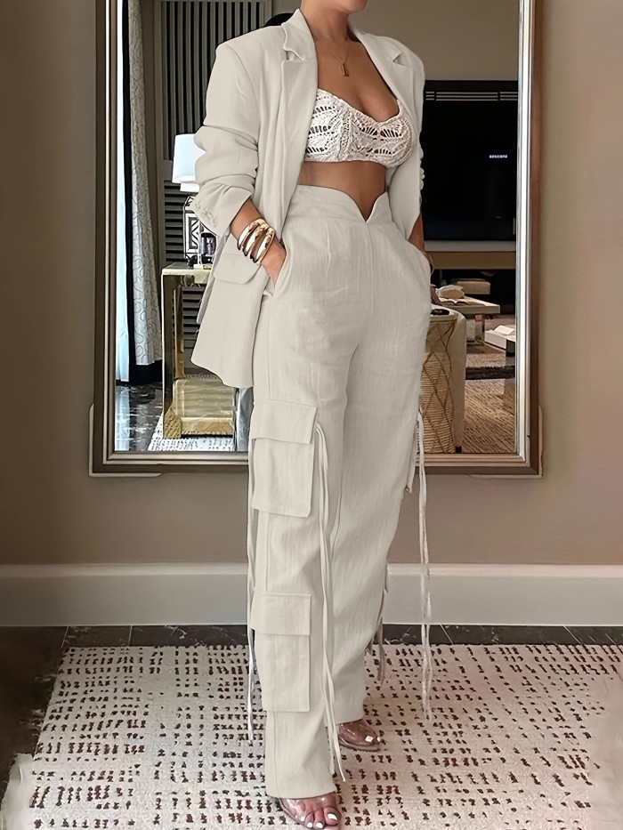 Women's Elegant Professional Pants Set - Single Breasted Shawl Collar Blazer with Flap Pockets, Simple Straight Leg Pants for Work, Office, Business, and Formal Occasions - High-Quality, Comfortable, and Versatile Clothing