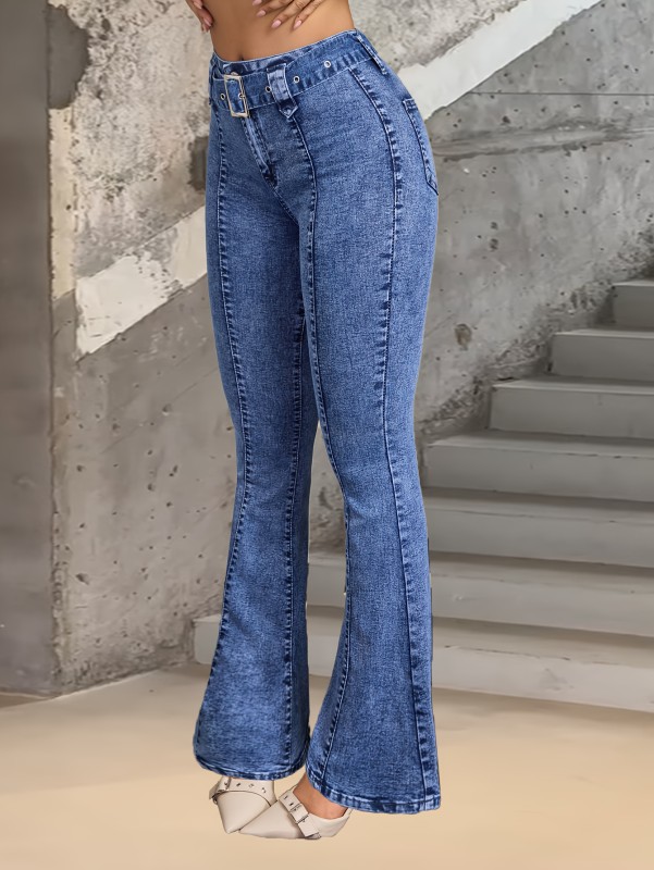 Casual Plain Stitching Denim Jeans, High Rise Button Fly Bootcut Denim Pants, Women's Denim Jeans & Clothing