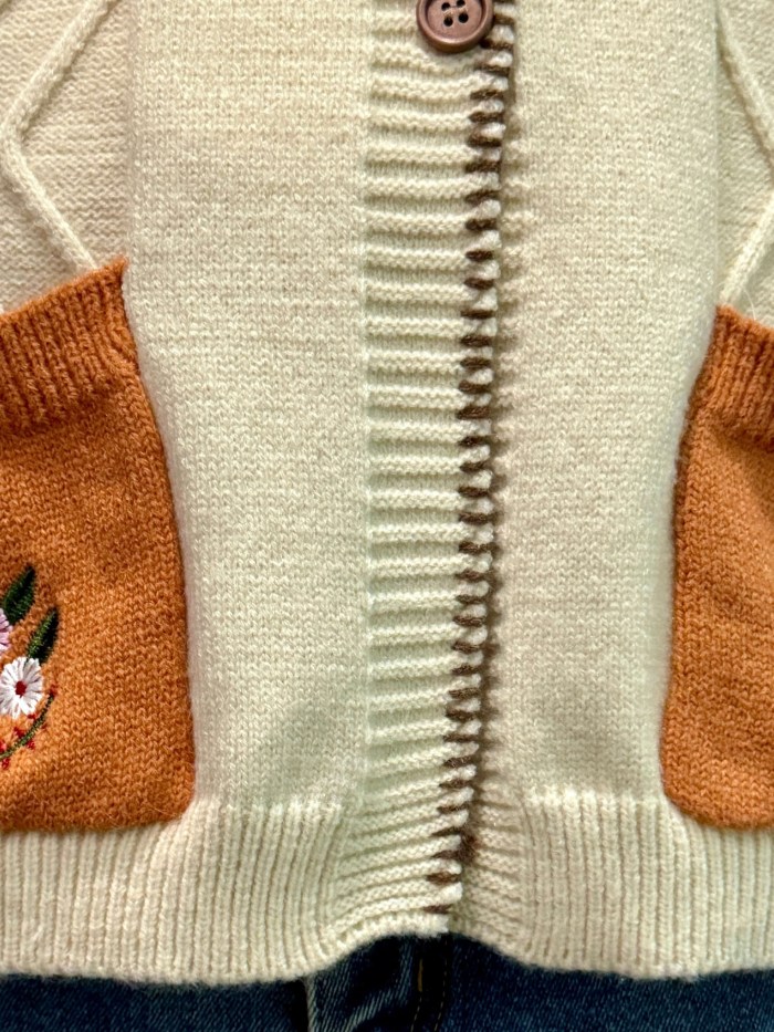 Embroidered Color Block Ribbed Vest, Casual V Neck Button Front Dual Pockets Sweater Vest, Women's Clothing