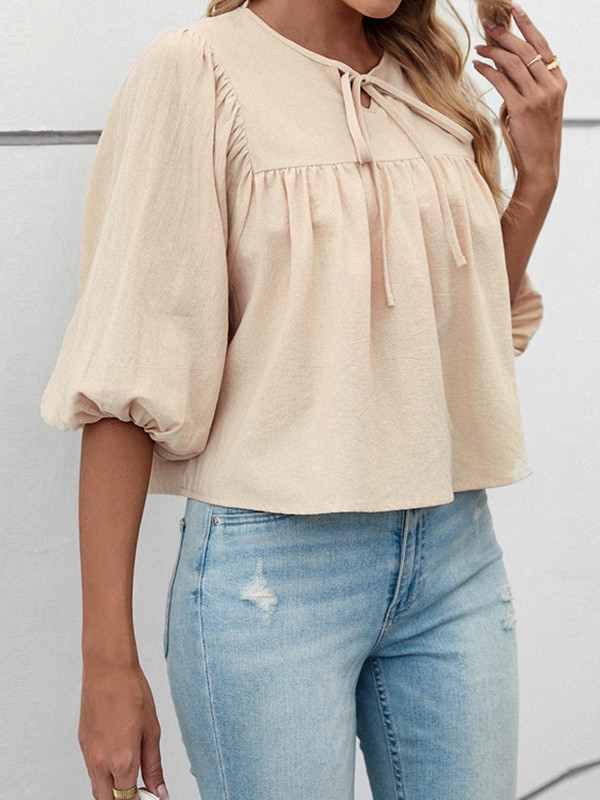 Half Sleeves Loose Elasticity Pleated Solid Color Split-Joint Tied Round-Neck T-Shirts Tops